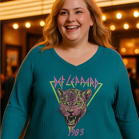 Lane Bryant Tops - Lane Bryant Def Leppard 1983 Graphic Waffle Knit Top Teal Long Sleeve Plus 18/20